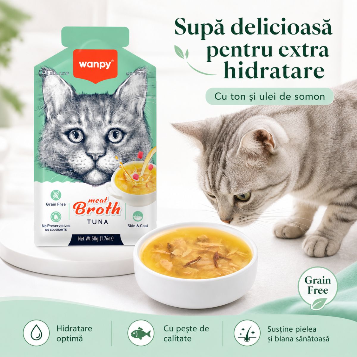 WANPY Meat Broth, Ton, plic hrană umedă pisici, (supă), 50g